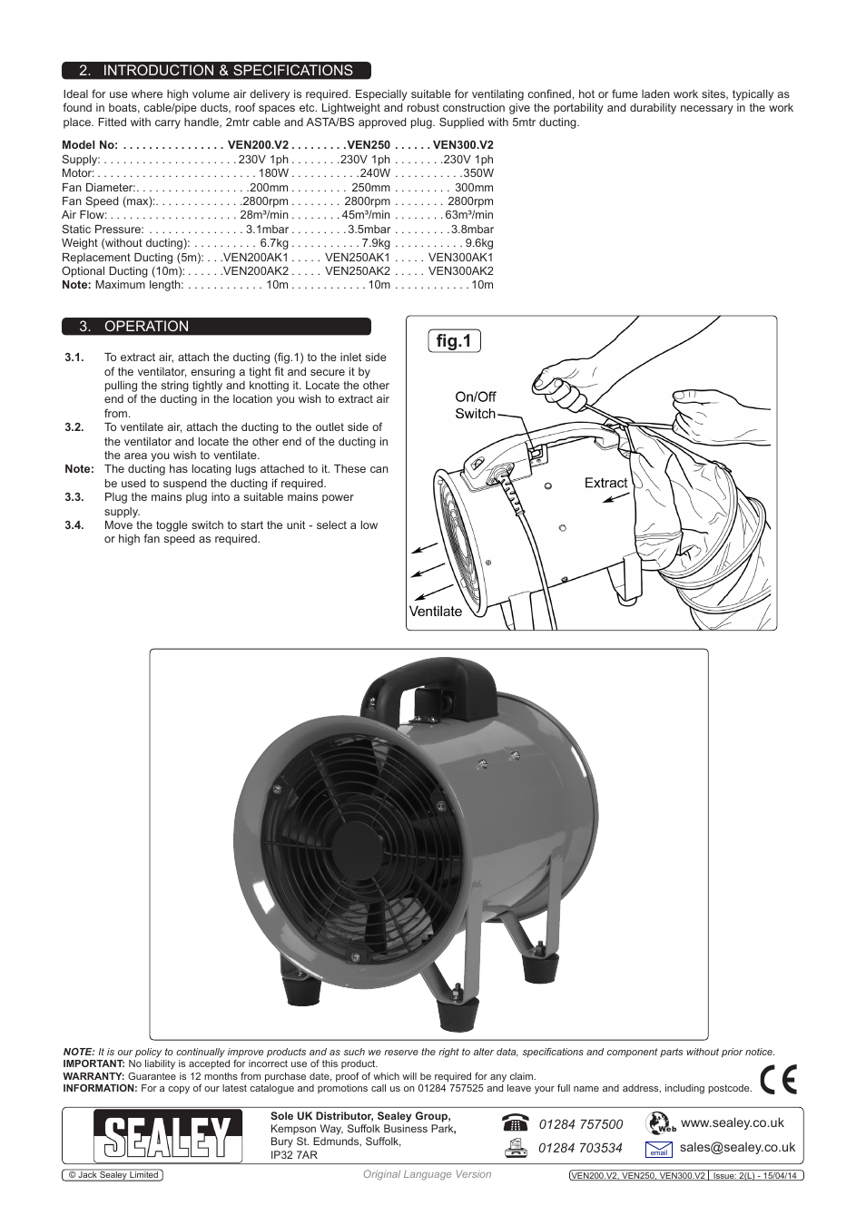 Fig.1, Introduction & specifications 3. operation | Sealey VEN200 User Manual | Page 2 / 2