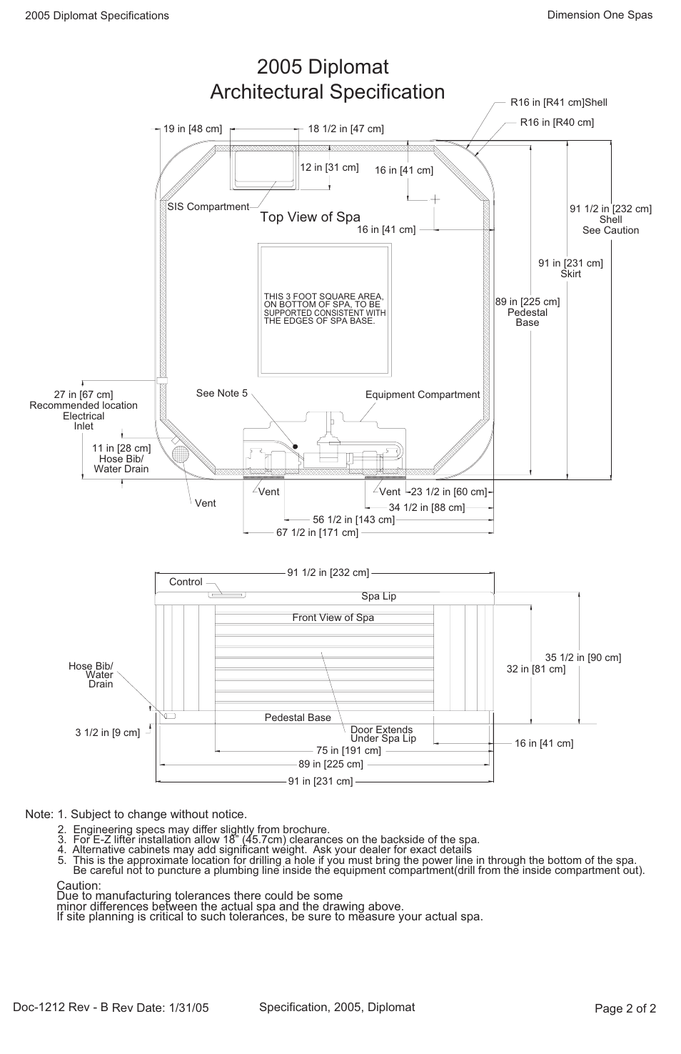2005 diplomat, Architectural specification, Top view of spa | Dimension One Spas Diplomat User Manual | Page 2 / 2