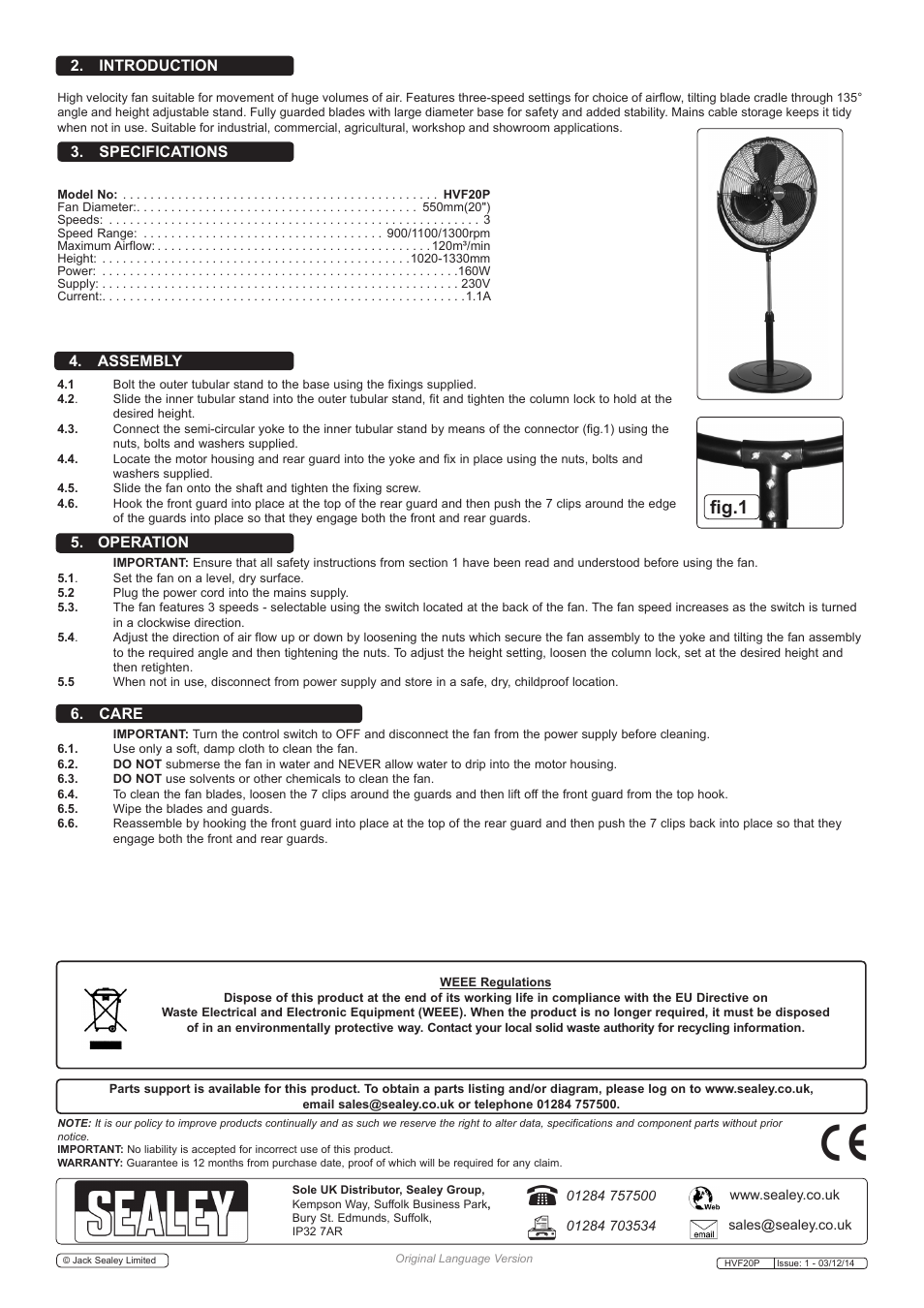 Fig.1, Specifications 6. care 2. introduction, Operation 4. assembly | Sealey HVF20P User Manual | Page 2 / 2