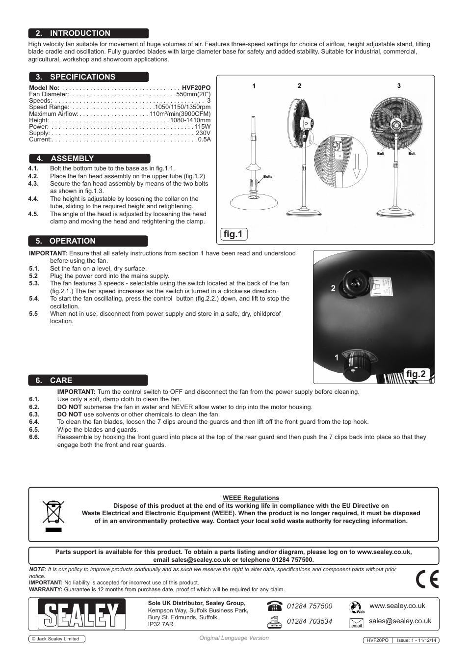Fig.1, Fig.2, Specifications 6. care 2. introduction | Operation 4. assembly | Sealey HVF20PO User Manual | Page 2 / 2