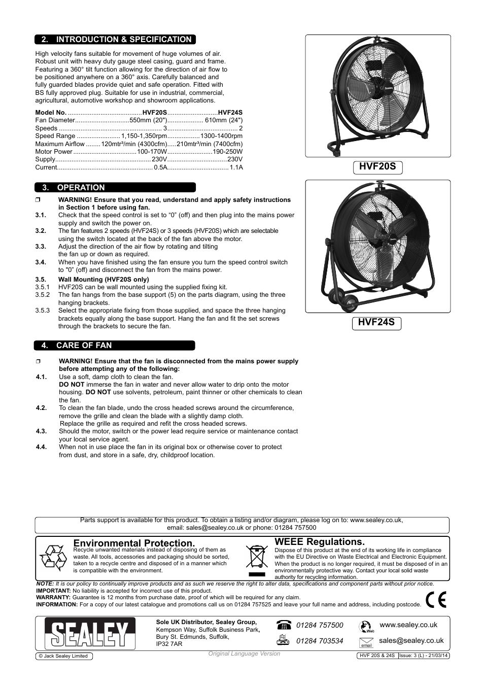Hvf24s hvf20s, Environmental protection, Weee regulations | Sealey HVF20S User Manual | Page 2 / 2