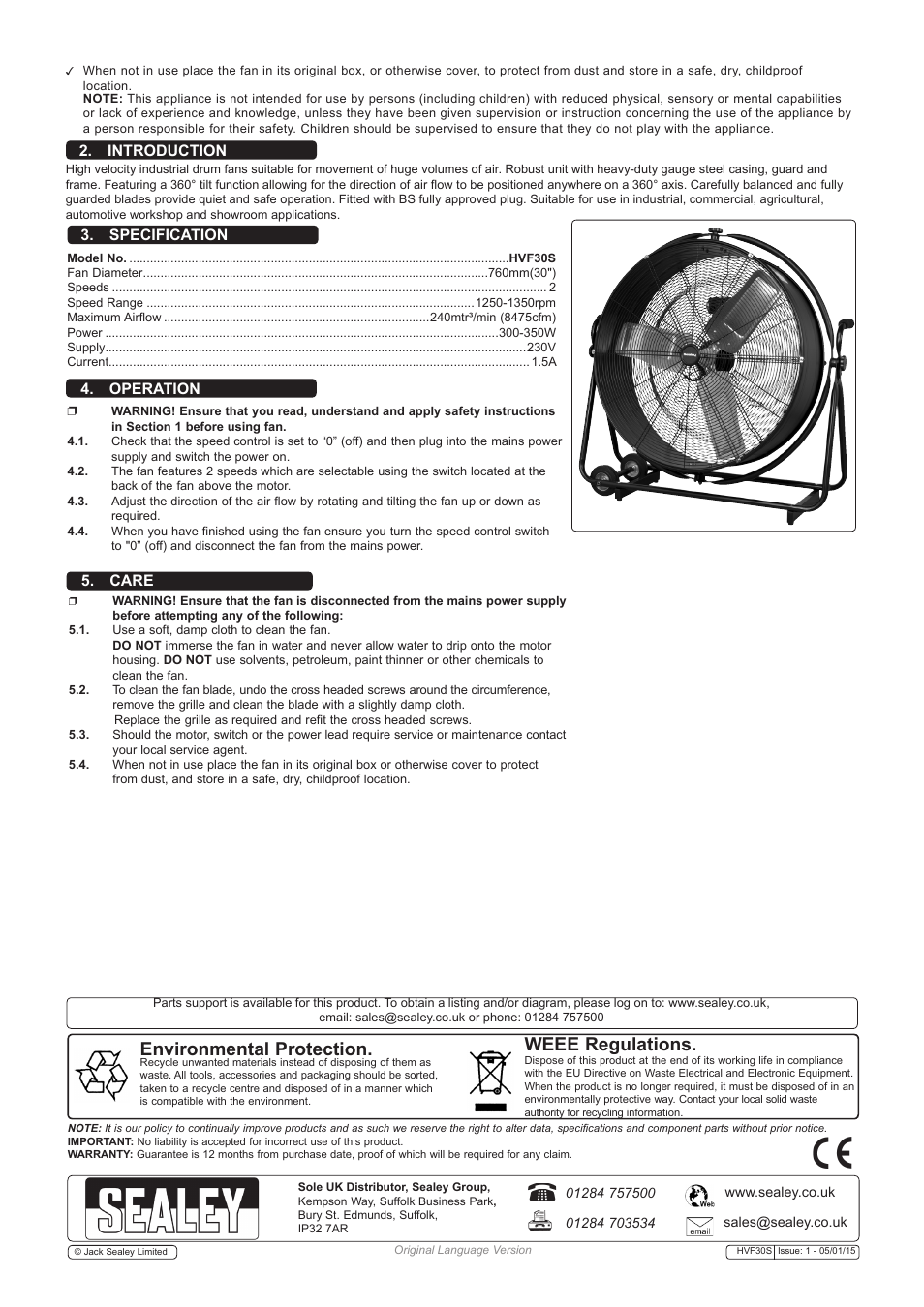 Environmental protection, Weee regulations, Operation 5. care 2. introduction 3. specification | Sealey HVF30S User Manual | Page 2 / 2