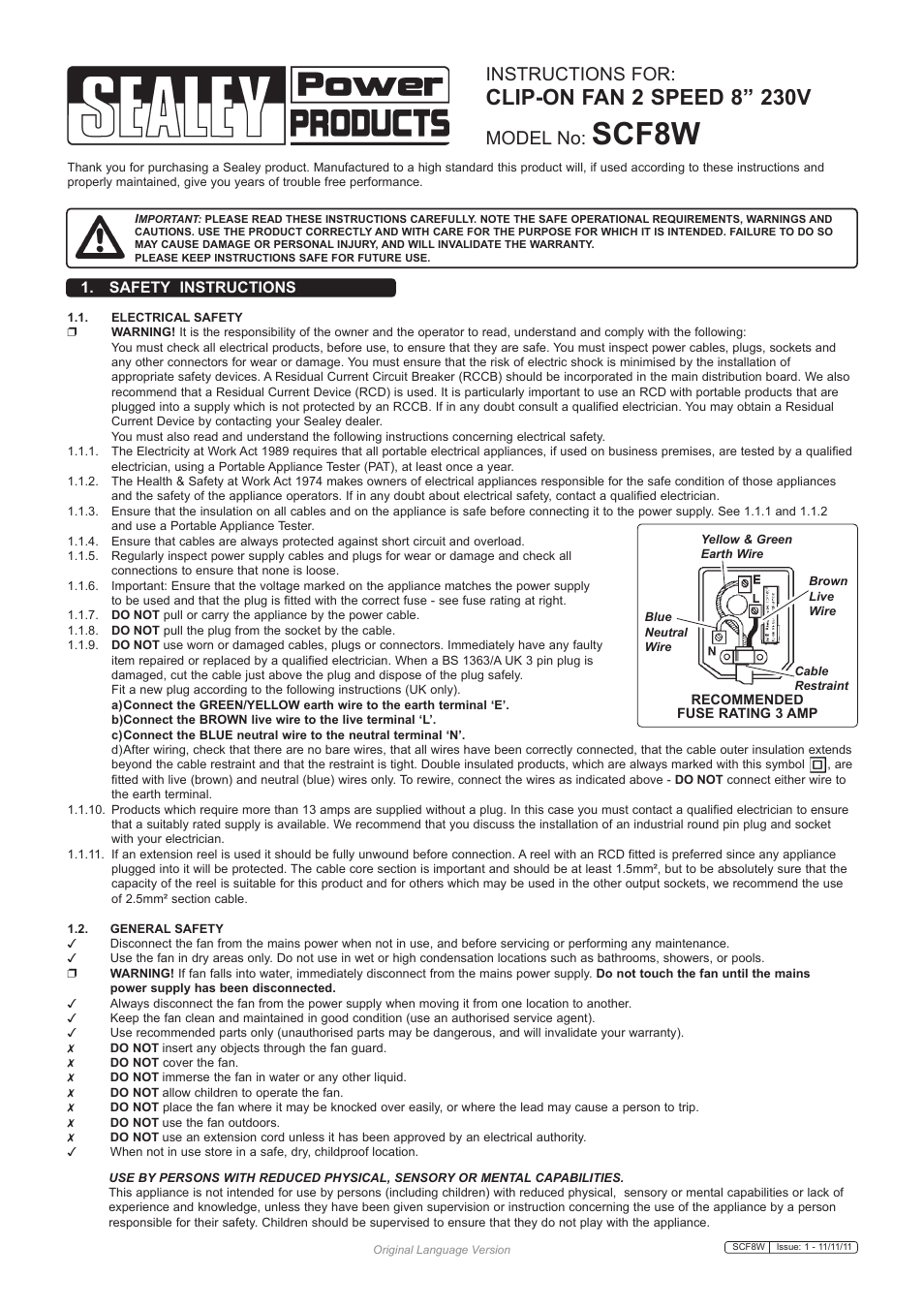 Sealey SCF8W User Manual | 2 pages