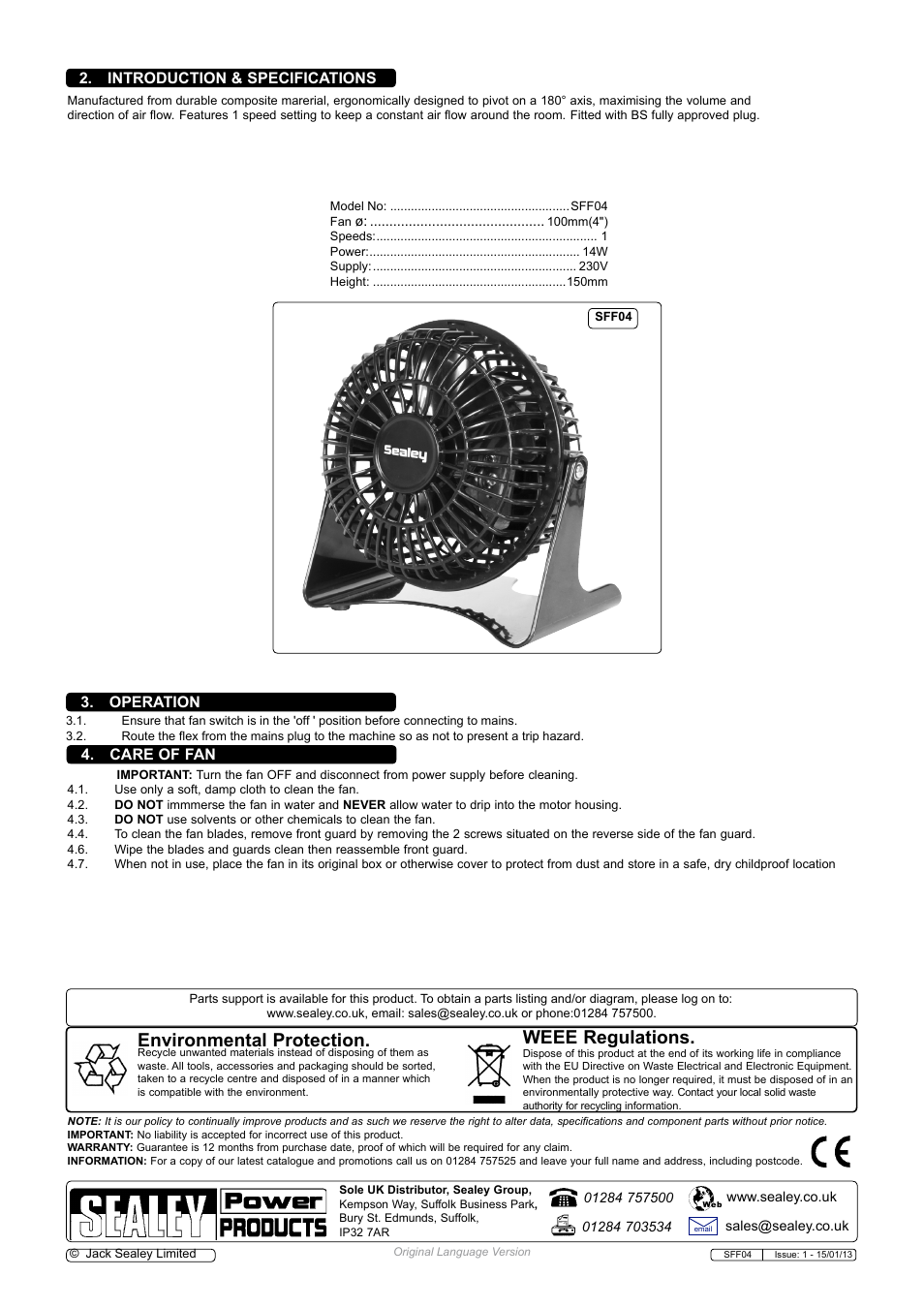 Environmental protection, Weee regulations, Care of fan 3. operation | Introduction & specifications | Sealey SFF04 User Manual | Page 2 / 2