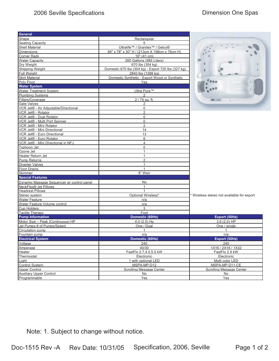 Dimension One Spas Seville User Manual | 2 pages