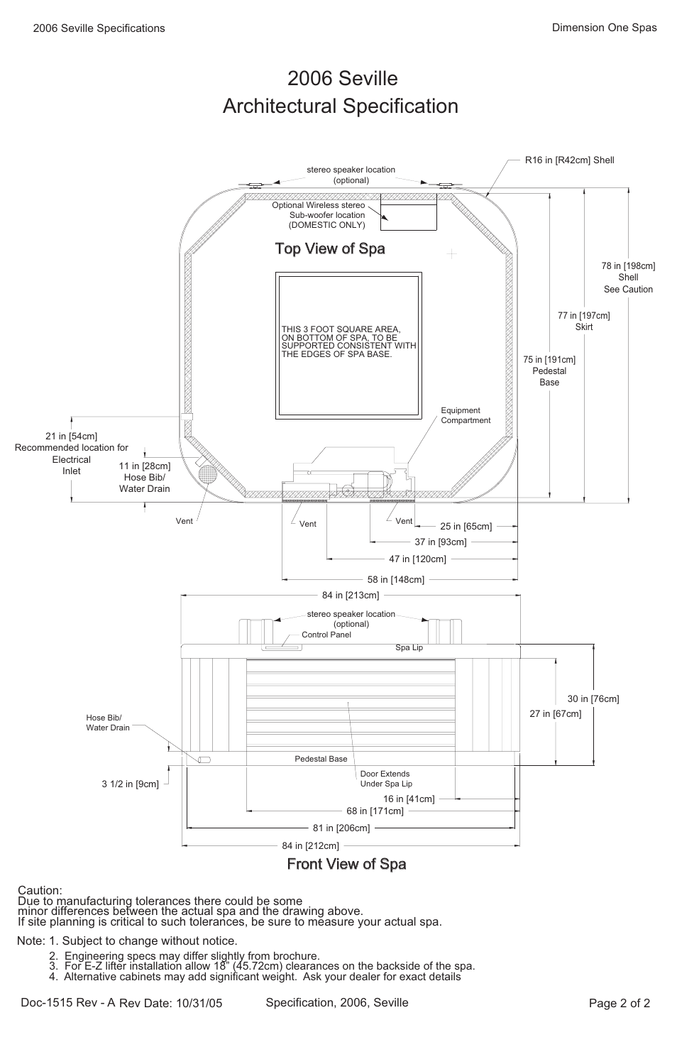 2006 seville, Architectural specification, Top view of spa | Front view of spa | Dimension One Spas Seville User Manual | Page 2 / 2