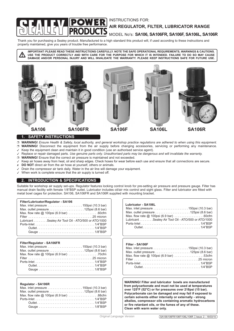 Sealey SA106R User Manual | 2 pages