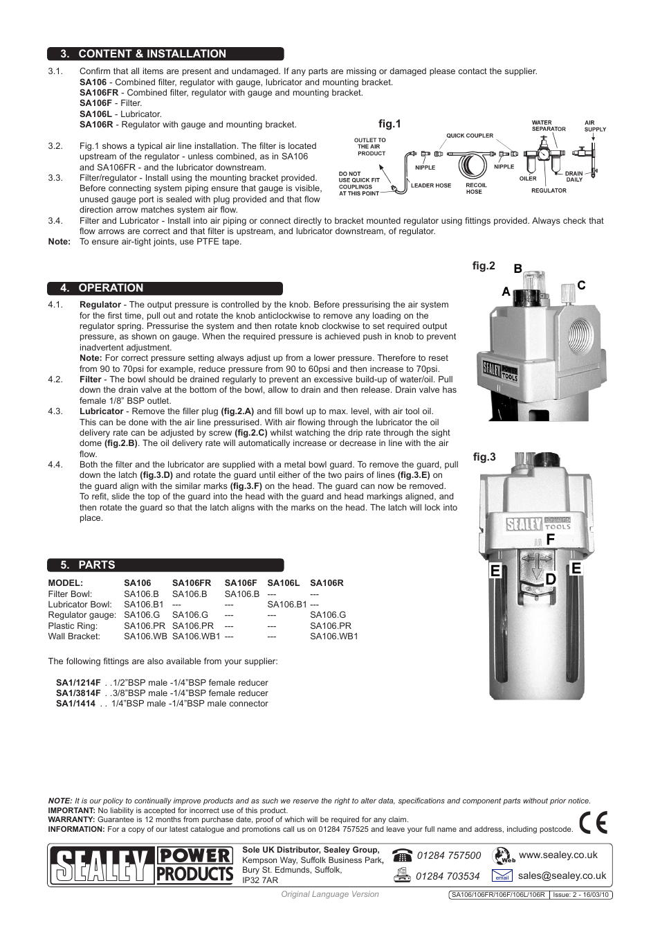 Operation, Parts, Content & installation | Fig.1 fig.2 fig.3 | Sealey SA106R User Manual | Page 2 / 2