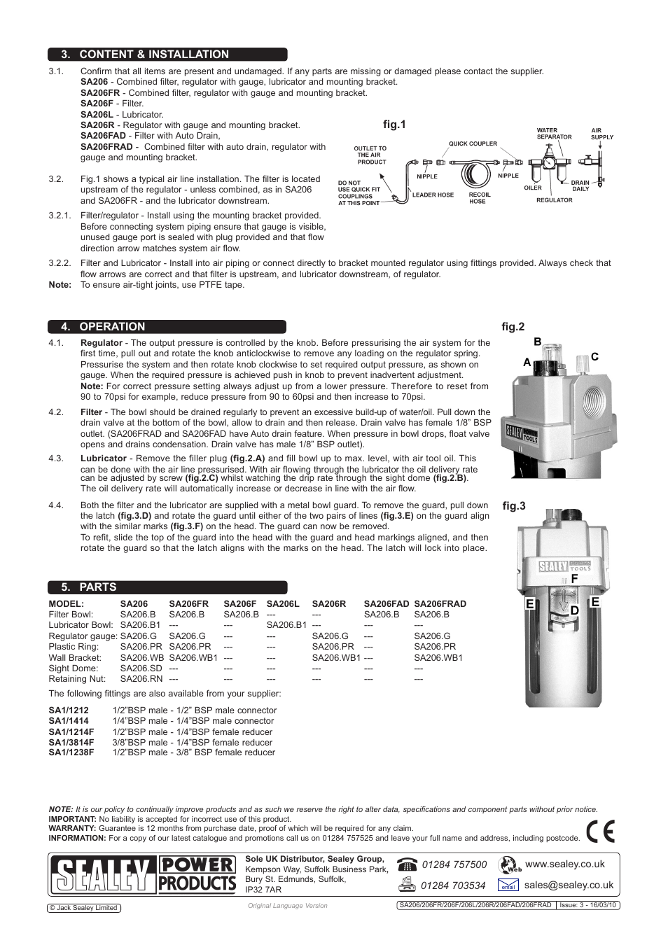 Operation, Parts 3. content & installation, Fig.1 fig.2 fig.3 | Sealey SA206R User Manual | Page 2 / 2