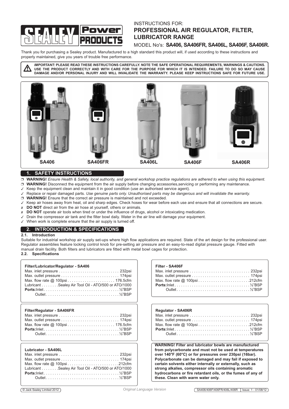 Sealey SA406R User Manual | 2 pages