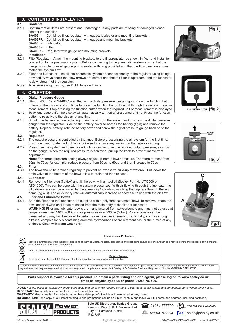 Operation, Contents & installation, Fig.1 fig.2 fig.3 fig.4 | Sealey SA406R User Manual | Page 2 / 2