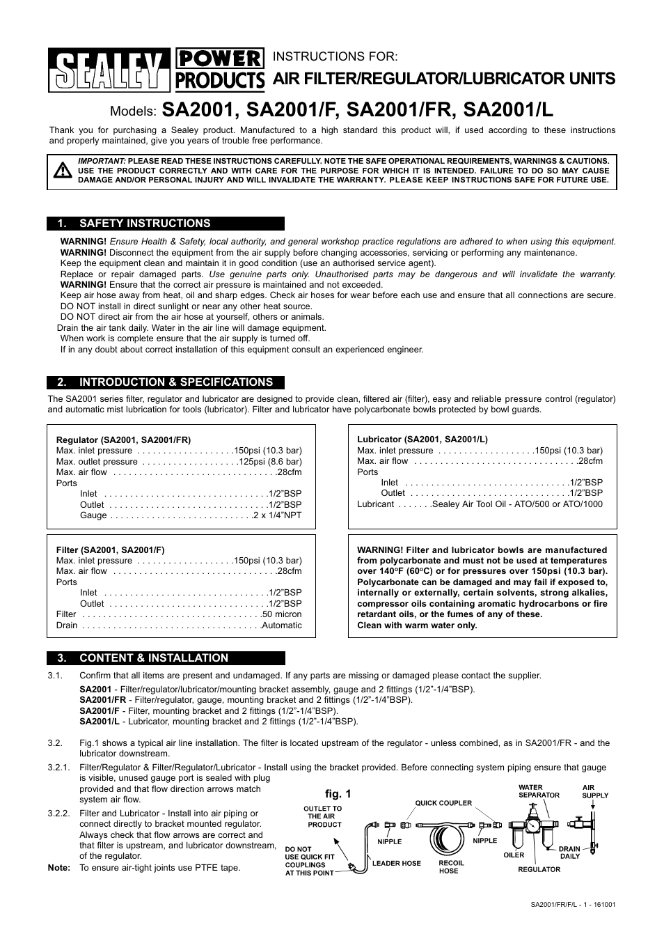 Sealey SA2001/L User Manual | 2 pages