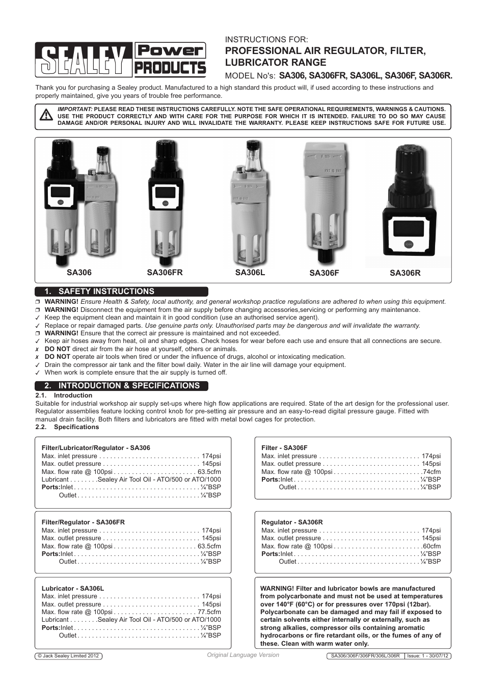 Sealey SA306F User Manual | 2 pages