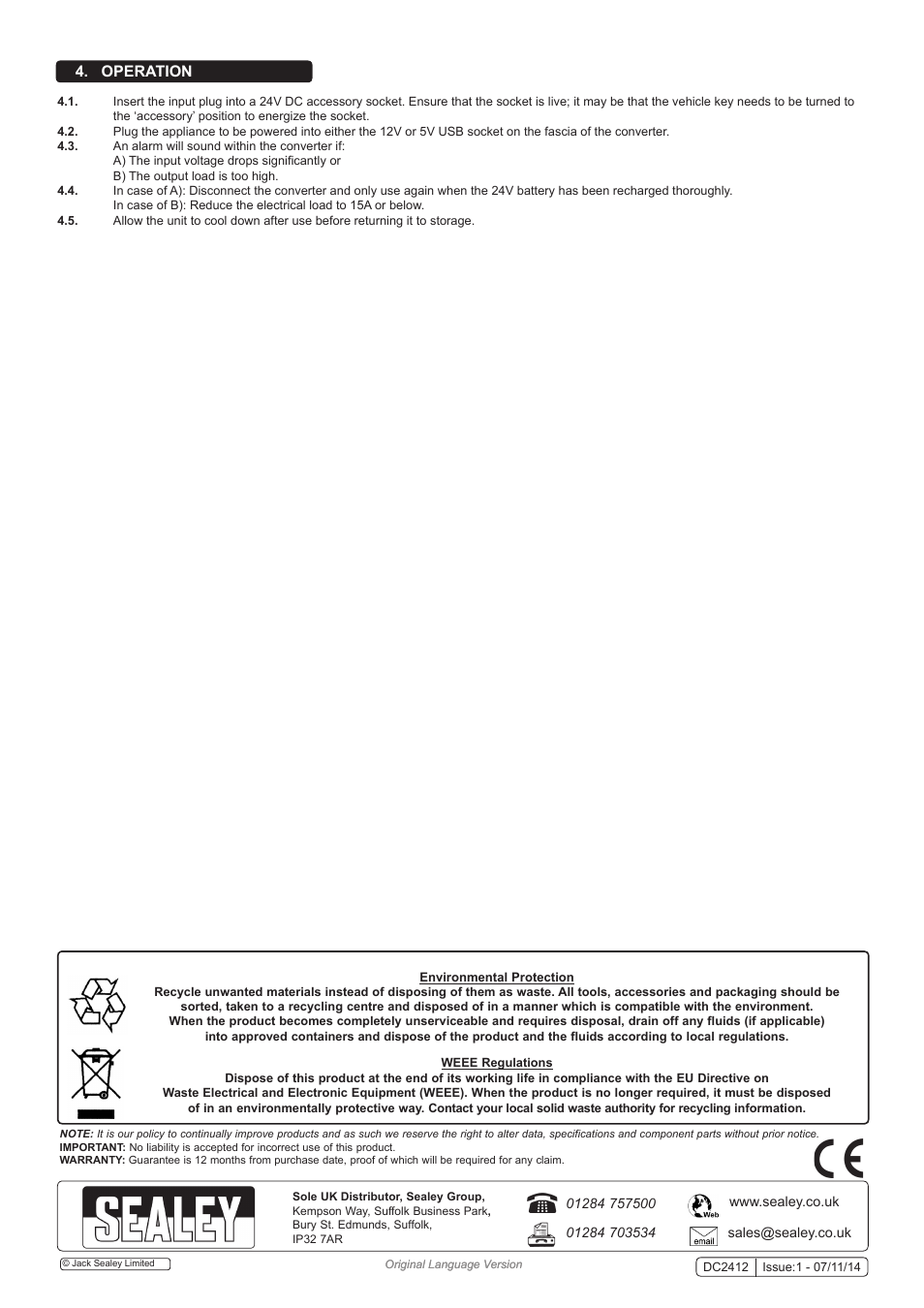 Operation | Sealey DC2412 User Manual | Page 2 / 2