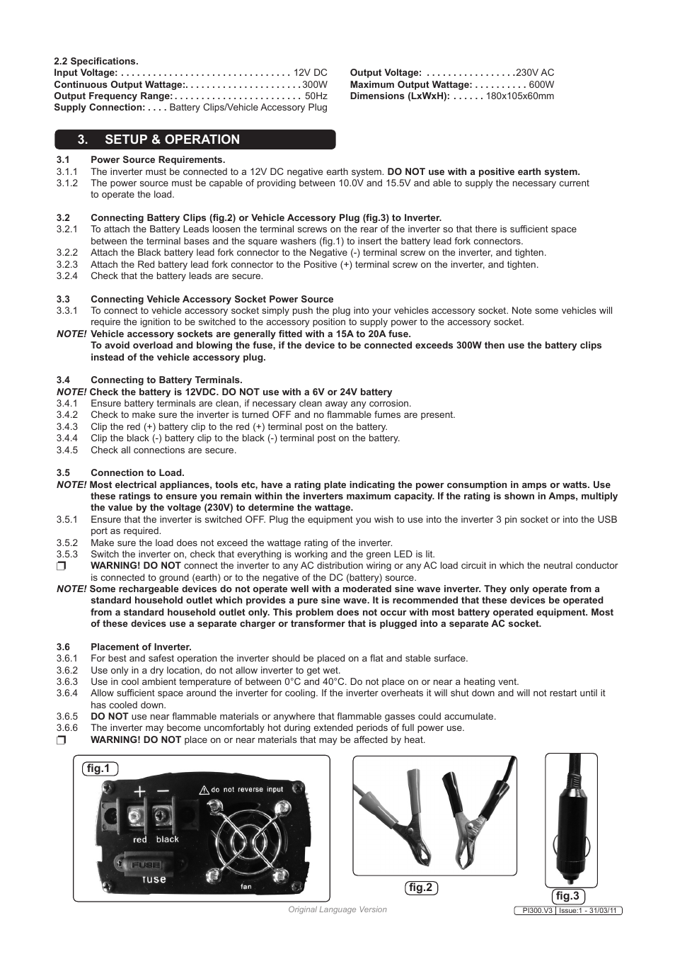 Setup & operation | Sealey PI300 User Manual | Page 2 / 3