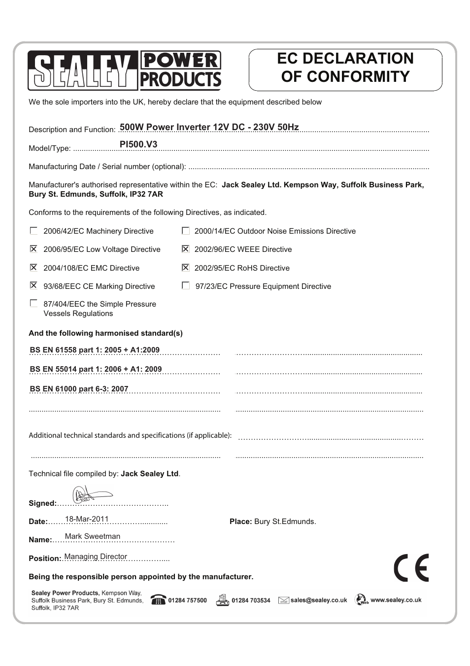 Ec declaration of conformity | Sealey PI500 User Manual | Page 4 / 4