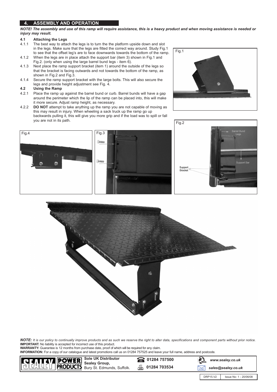 Assembly and operation | Sealey DRP15 User Manual | Page 2 / 2