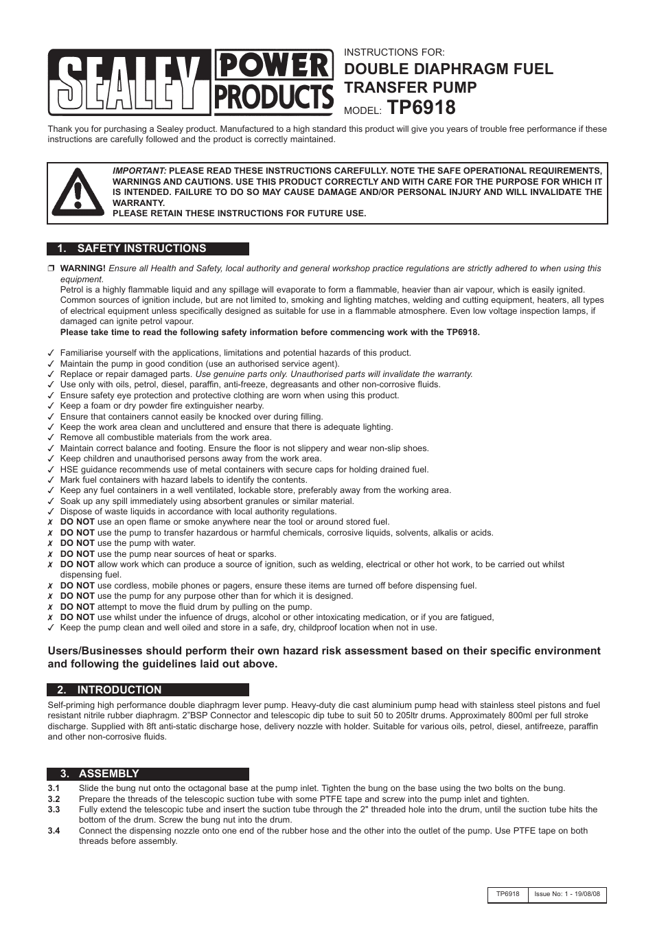 Sealey TP6918 User Manual | 2 pages