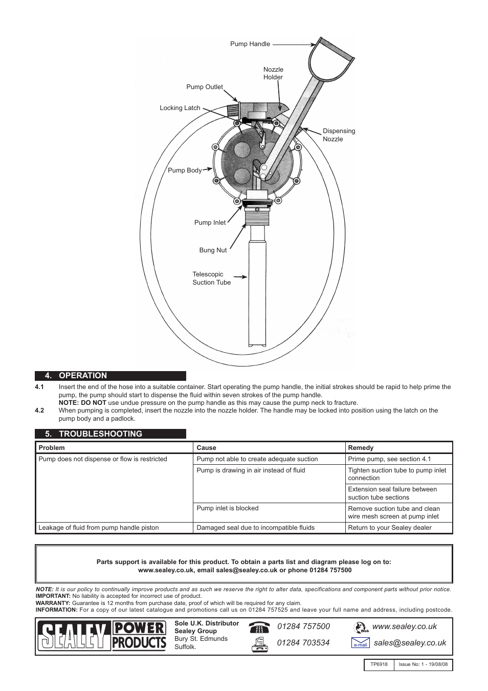 Operation 5. troubleshooting | Sealey TP6918 User Manual | Page 2 / 2