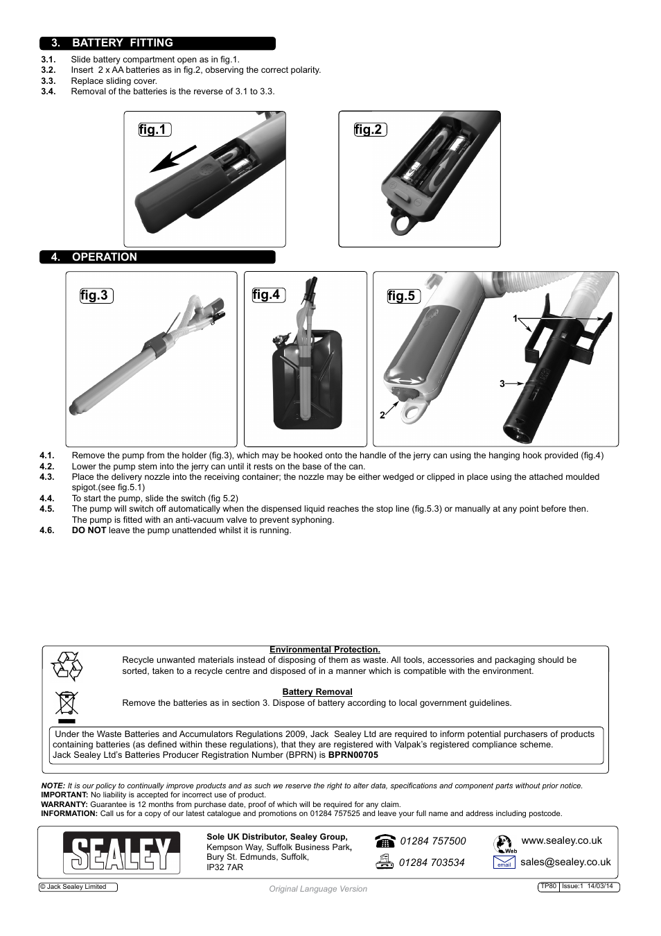 Fig.1 fig.2, Fig.3 fig.4 fig.5, Battery fitting 4. operation | Sealey TP80 User Manual | Page 2 / 2