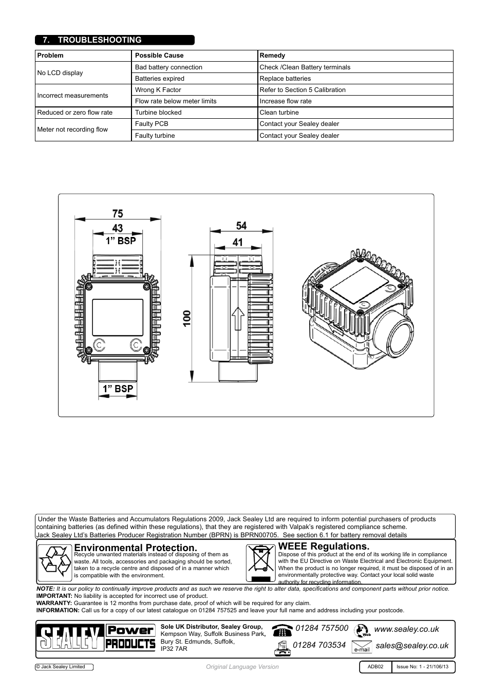 Environmental protection, Weee regulations, Troubleshooting | Sealey ADB02 User Manual | Page 6 / 6