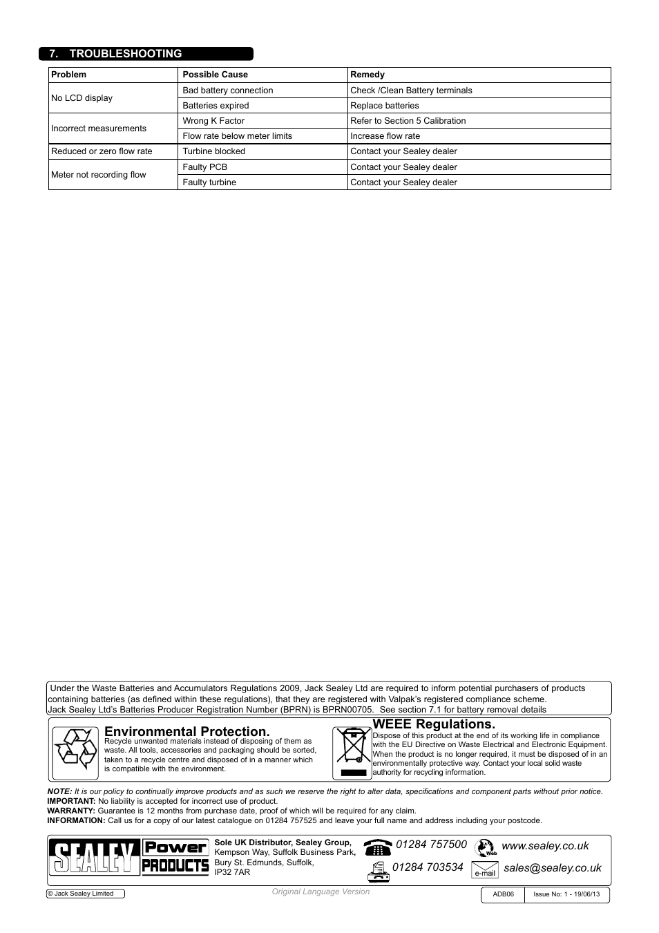 Environmental protection, Weee regulations, Troubleshooting | Sealey ADB06 User Manual | Page 6 / 6