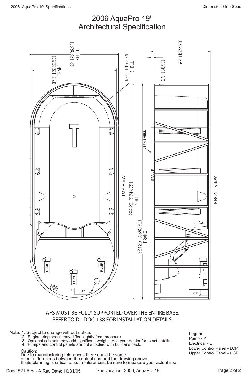 Architectural specification | Dimension One Spas AquaPro 19 User Manual | Page 2 / 2