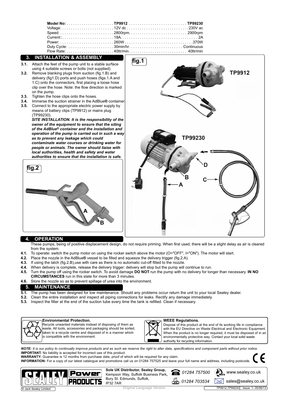 Fig.1 fig.2, Installation & assembly 4. operation, Maintenance | Sealey TP9912 User Manual | Page 2 / 2