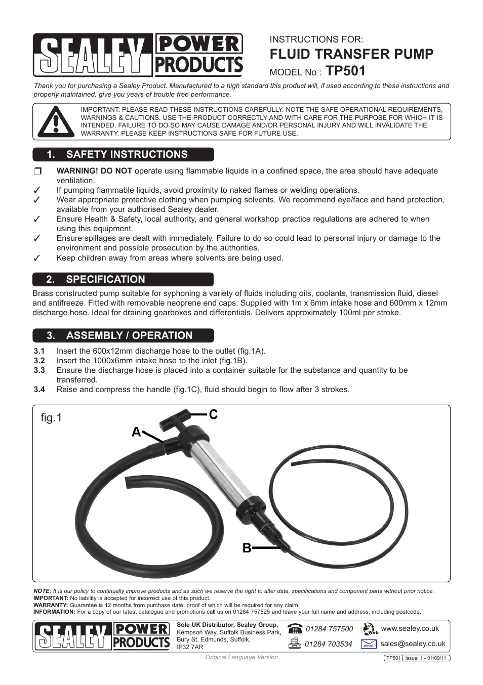 Sealey TP501 User Manual | 1 page
