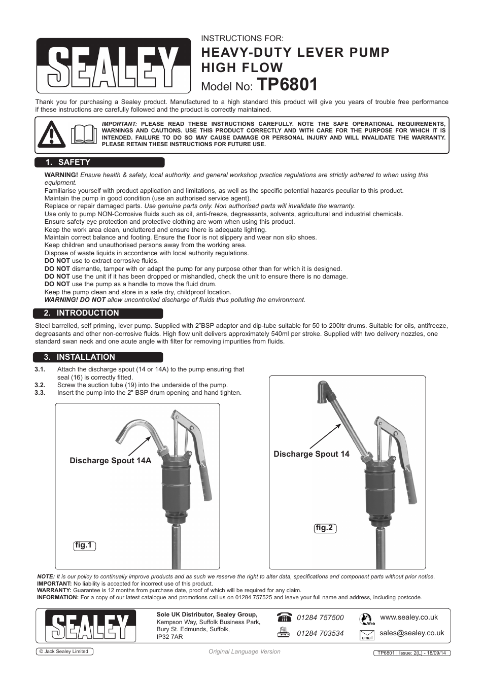 Sealey TP6801 User Manual | 2 pages