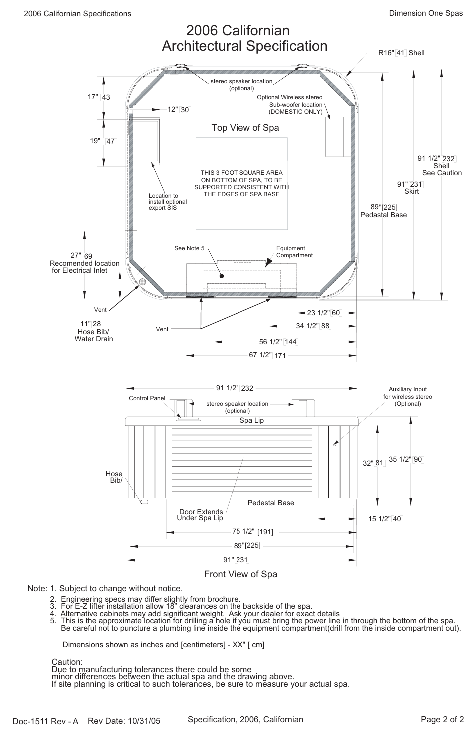 2006 californian, Architectural specification, Top view of spa front view of spa | Dimension One Spas Californian User Manual | Page 2 / 2