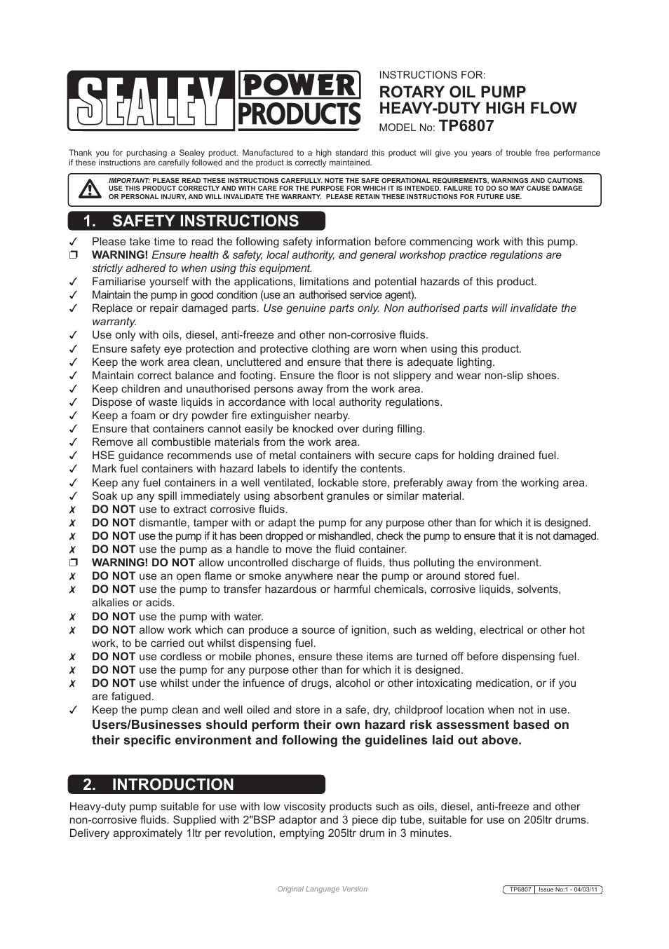 Sealey TP6807 User Manual | 2 pages