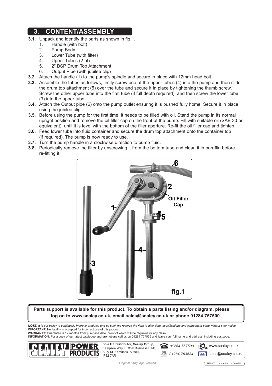 Content/assembly, Fig.1 | Sealey TP6807 User Manual | Page 2 / 2