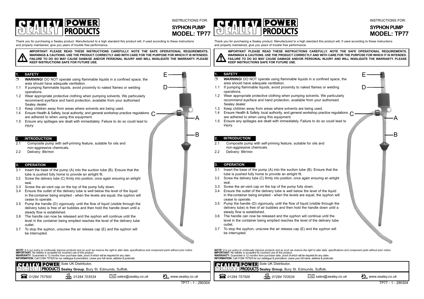 Sealey TP77 User Manual | 1 page