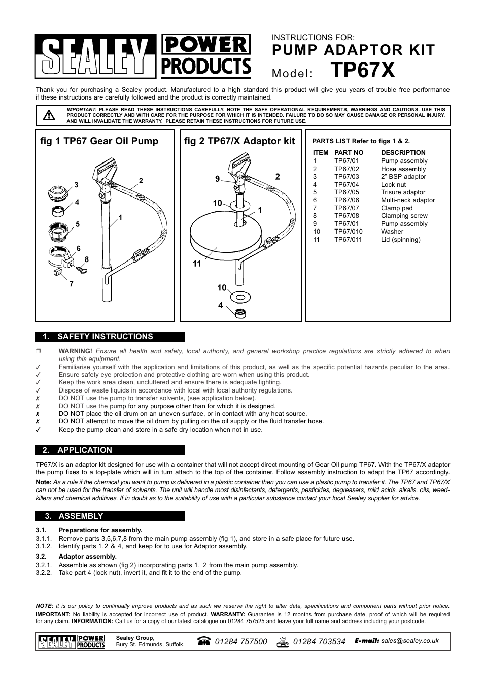 Sealey TP67 User Manual | 1 page