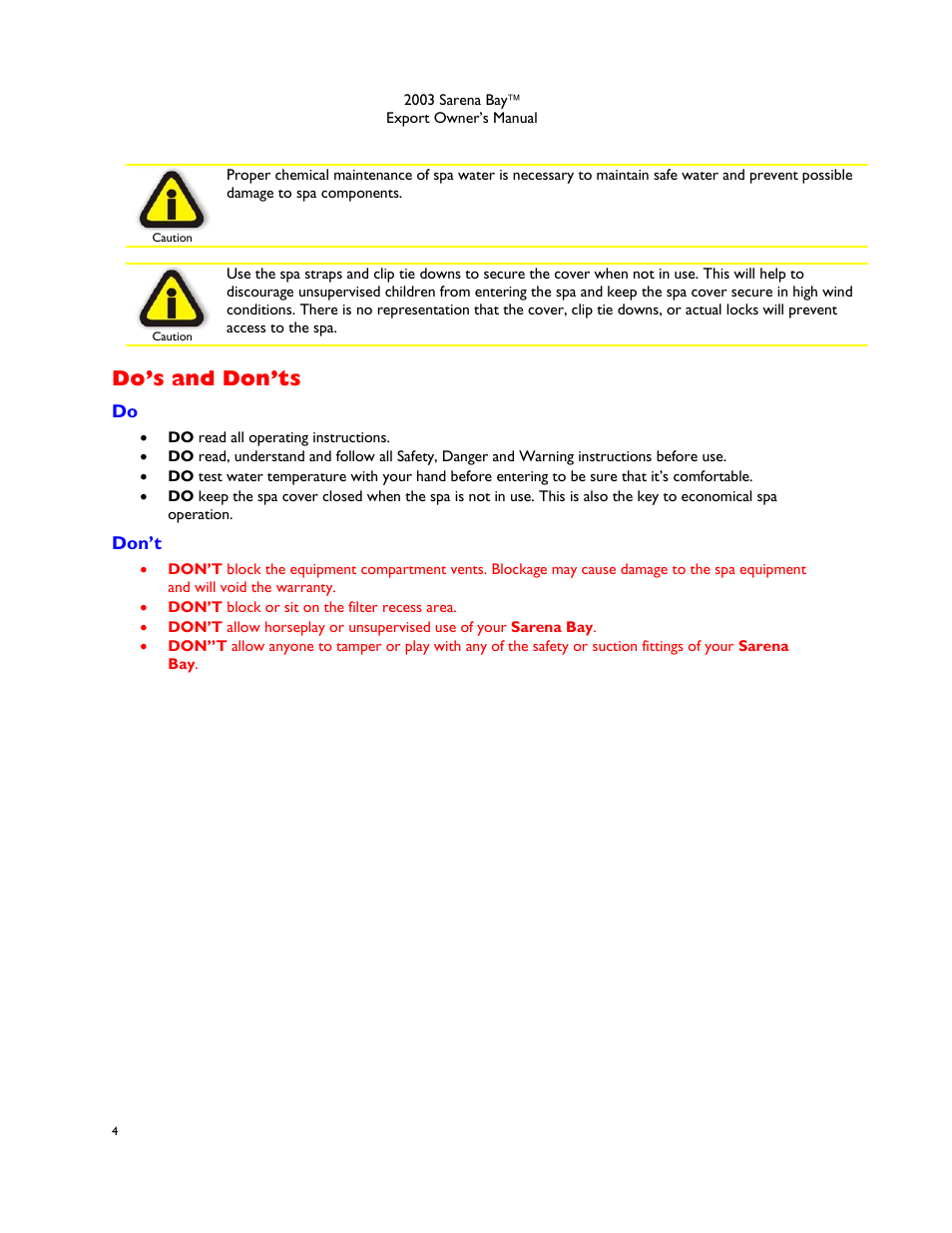 Do’s and don’ts, Don’t | Dimension One Spas Sarena Bay User Manual | Page 10 / 56