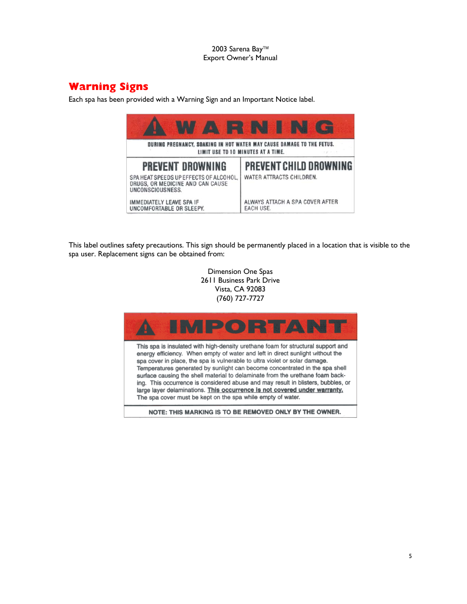 Warning signs | Dimension One Spas Sarena Bay User Manual | Page 11 / 56