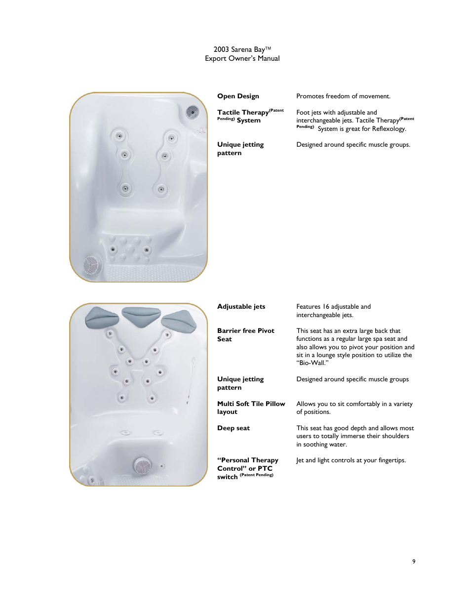 Bench seat, Pivot seat | Dimension One Spas Sarena Bay User Manual | Page 15 / 56