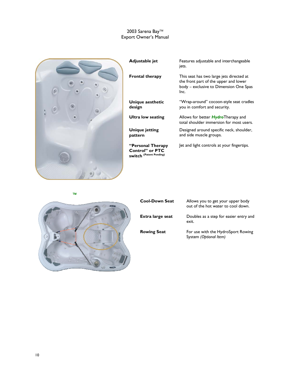 Frontal therapy seat, Sport zone seat | Dimension One Spas Sarena Bay User Manual | Page 16 / 56