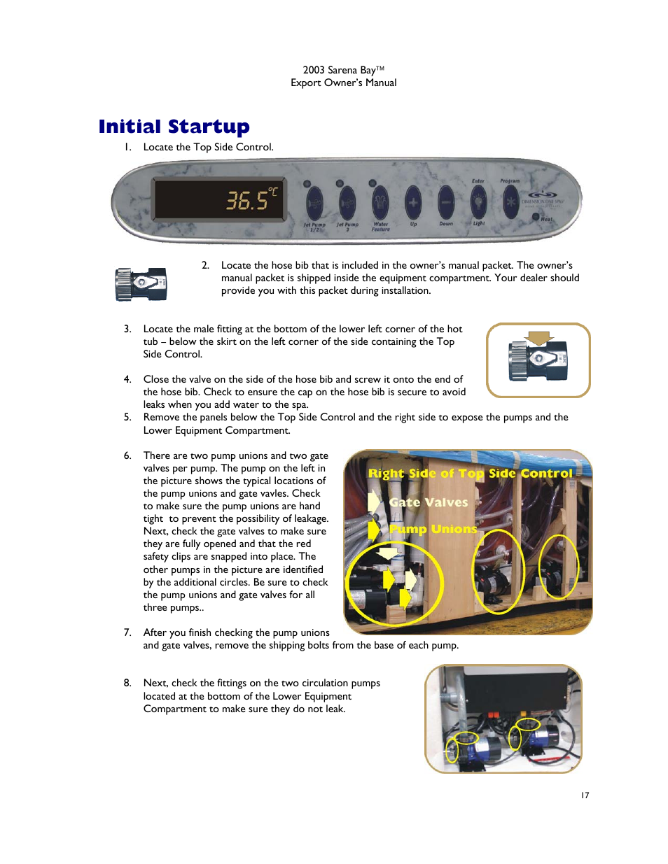 Initial startup | Dimension One Spas Sarena Bay User Manual | Page 23 / 56