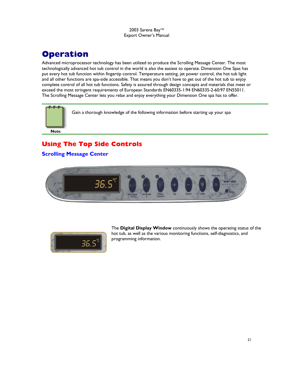 Operation, Using the top side controls, Scrolling message center | Digital display window | Dimension One Spas Sarena Bay User Manual | Page 27 / 56