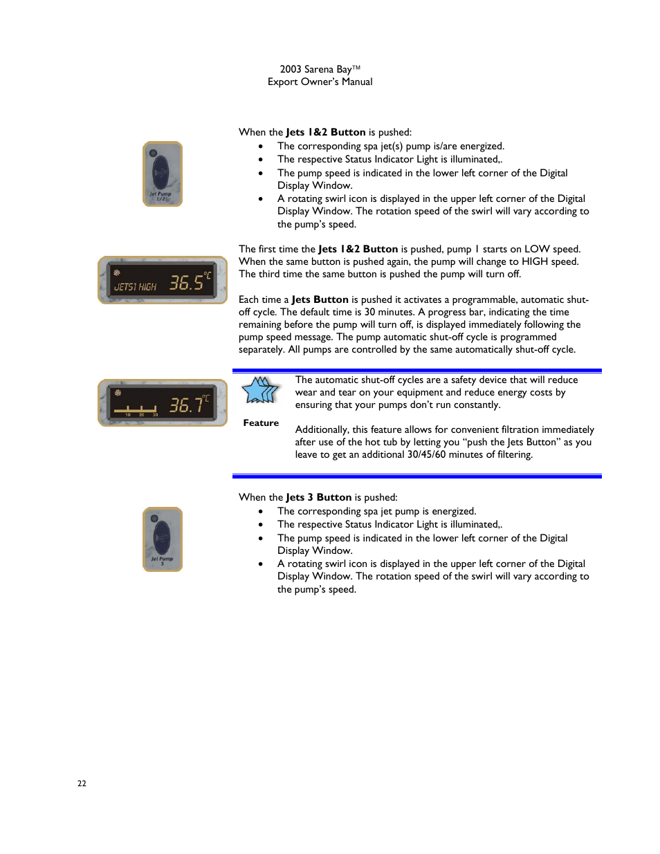 Jets 1&2 button, Jet pump 3 button | Dimension One Spas Sarena Bay User Manual | Page 28 / 56