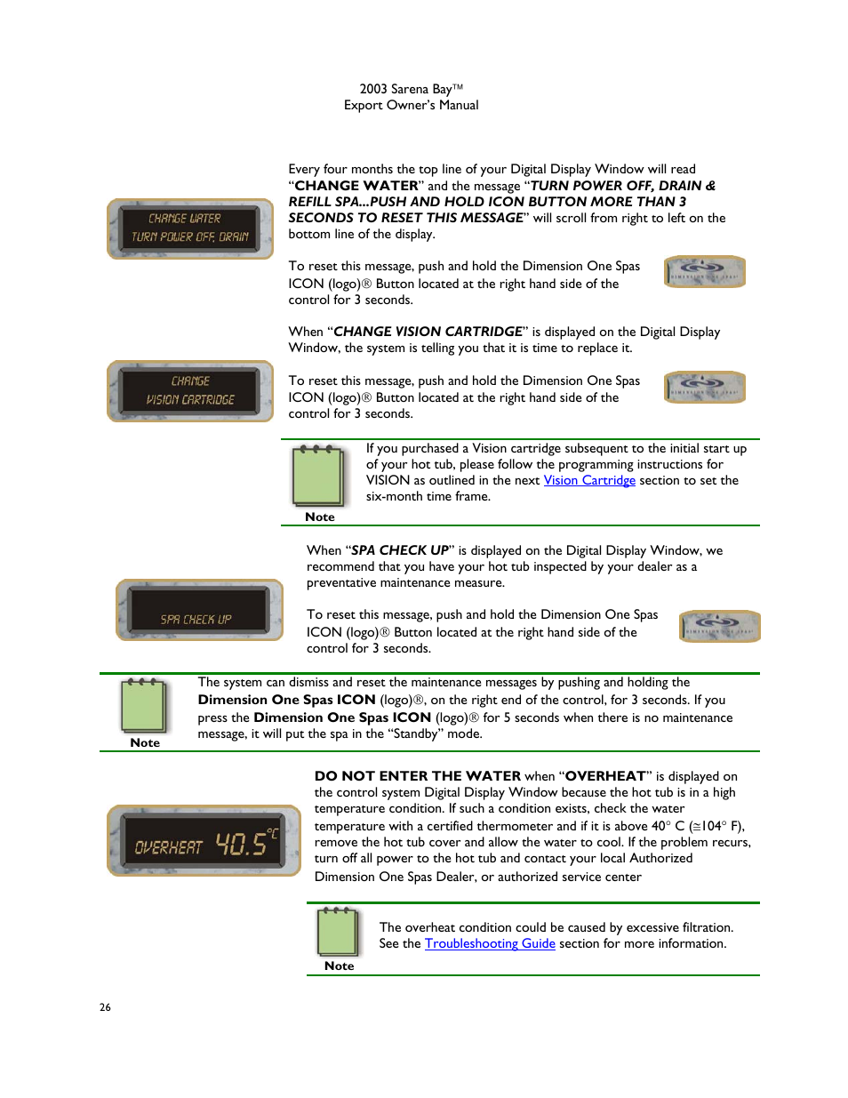 Change water, Change vision cartridge, Spa check up | Overheat | Dimension One Spas Sarena Bay User Manual | Page 32 / 56