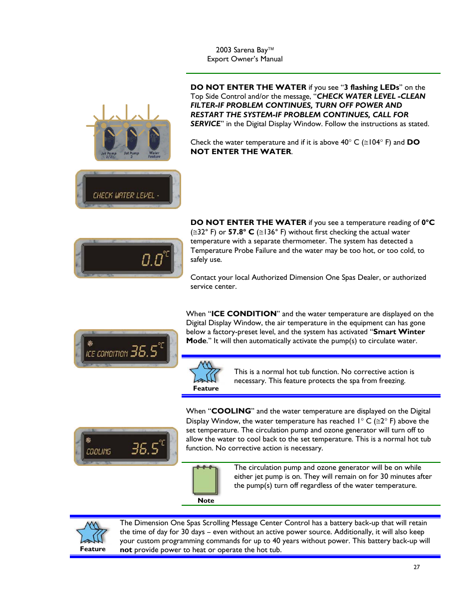 Flashing display and/or “check water level, Erroneous temperature on the display, Cooling | Dimension One Spas Sarena Bay User Manual | Page 33 / 56