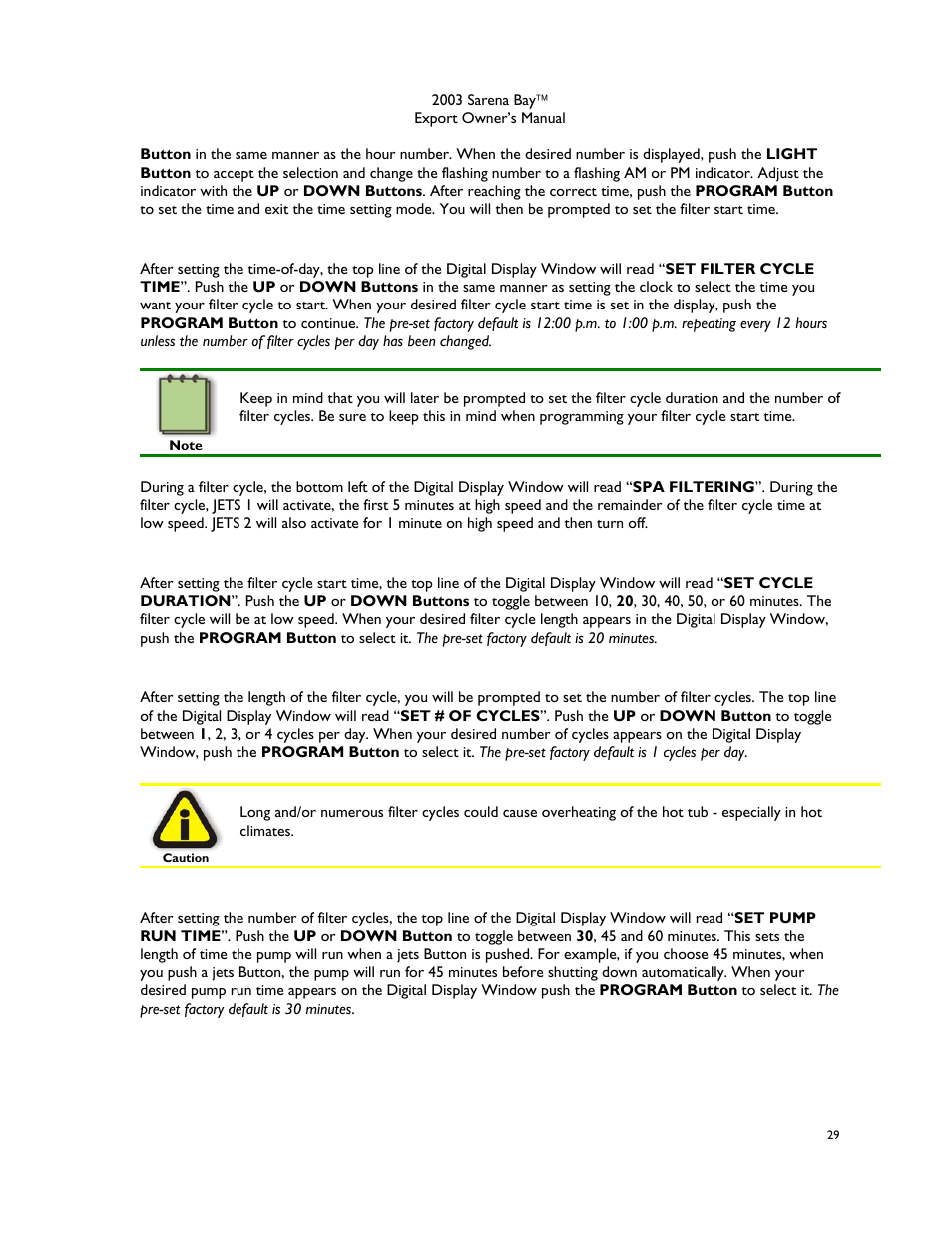 Filter cycle start time, Filter cycle duration, Number of filter cycles | Pump run time | Dimension One Spas Sarena Bay User Manual | Page 35 / 56