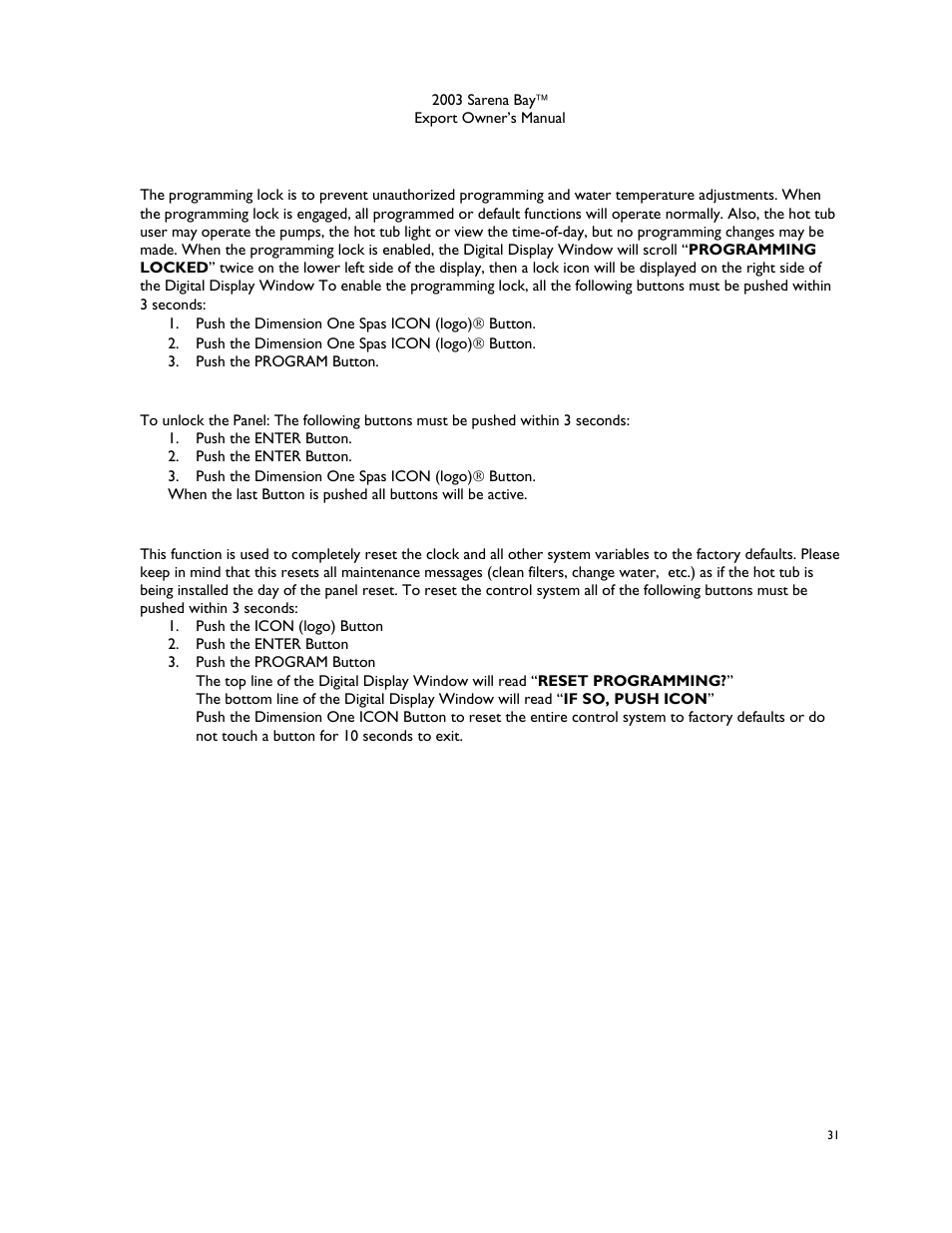 Programming lock, Programming unlock, Control panel reset | Dimension One Spas Sarena Bay User Manual | Page 37 / 56