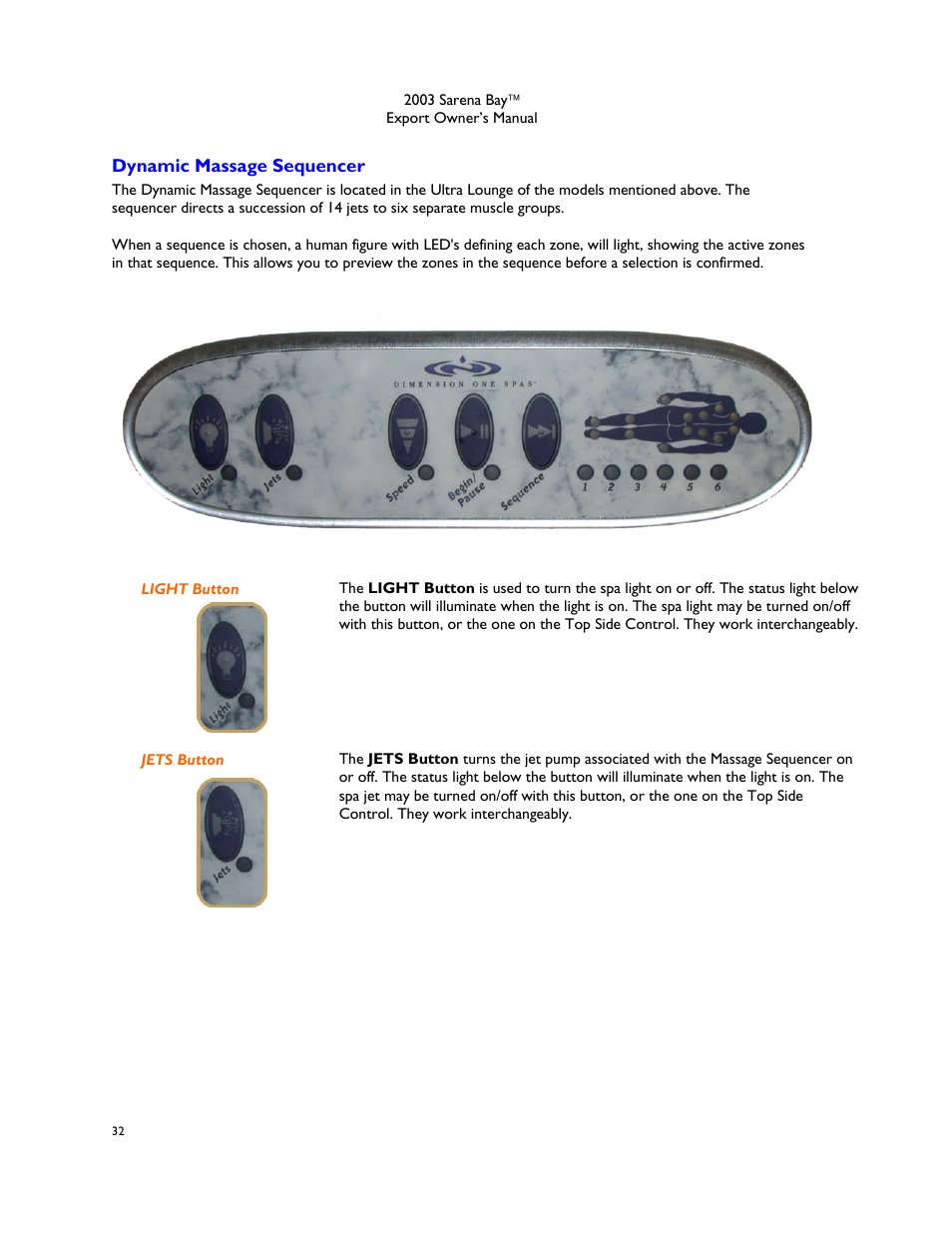 Dynamic massage sequencer, Control panel description, Light button | Jets button | Dimension One Spas Sarena Bay User Manual | Page 38 / 56