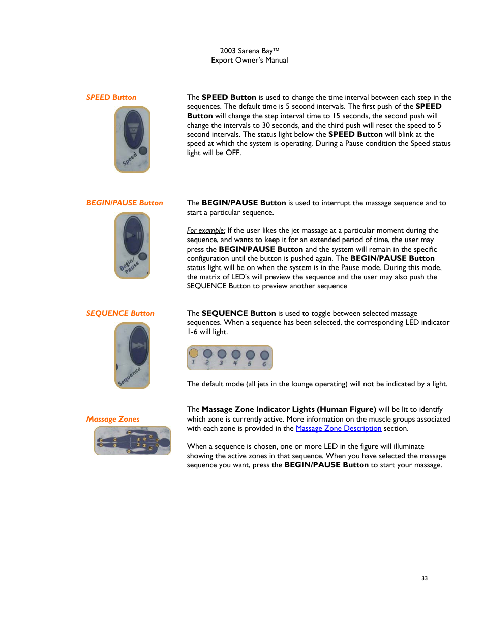 Speed button, Begin/pause button, Sequence button | Massage zones | Dimension One Spas Sarena Bay User Manual | Page 39 / 56