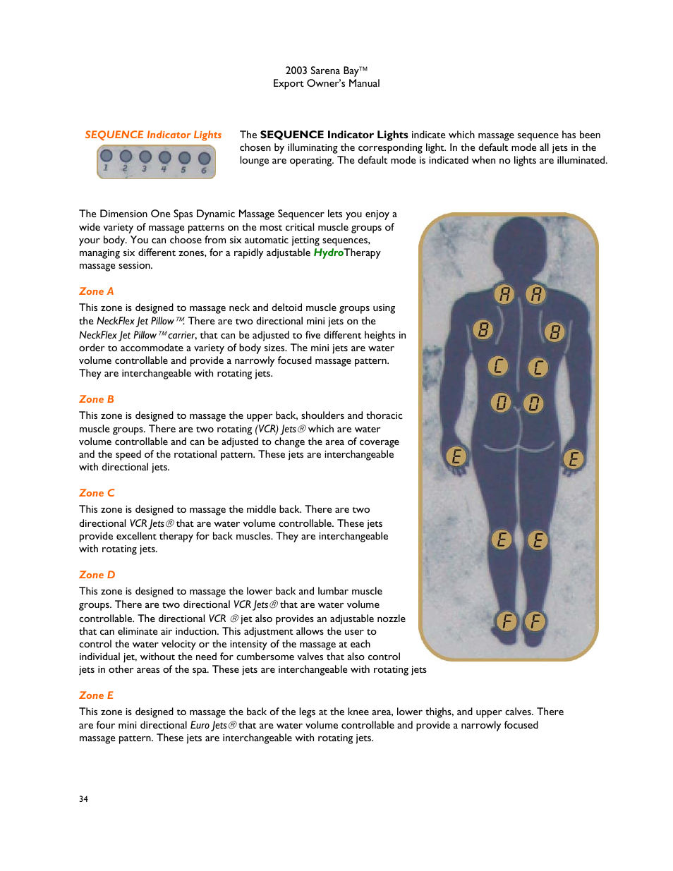 Sequence indicator lights, Massage zone description, Zone a | Zone b, Zone c, Zone d, Zone e | Dimension One Spas Sarena Bay User Manual | Page 40 / 56