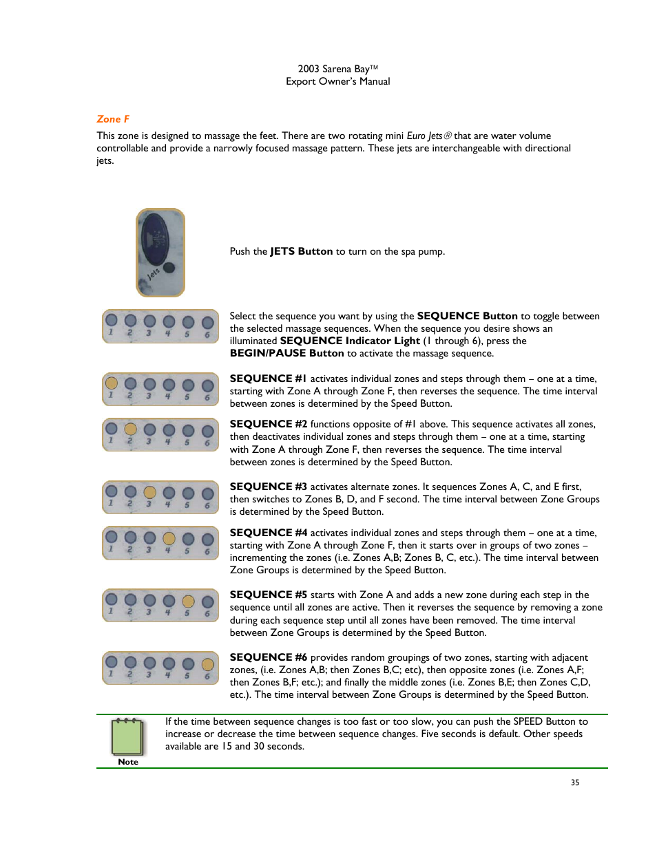 Zone f, Operating the dynamic massage sequencer | Dimension One Spas Sarena Bay User Manual | Page 41 / 56